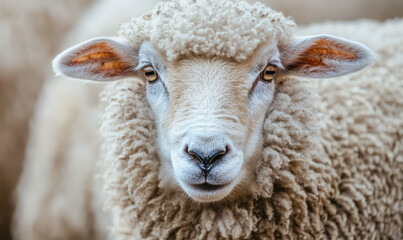 Fototapeta premium Close up of sheep, serene expression, fluffy wool