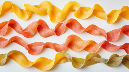 A row of colorful pasta spirals on a white background. The pasta is made of different colors, including green, yellow, and orange. Concept of variety and diversity