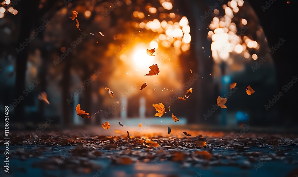 Aufkleber a serene autumn scene with leaves falling as the sun sets, casting warm light through a tree-lined p