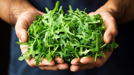 Fresh Organic Arugula Green Leafy Vegetable Healthy Food Farmer s Hands