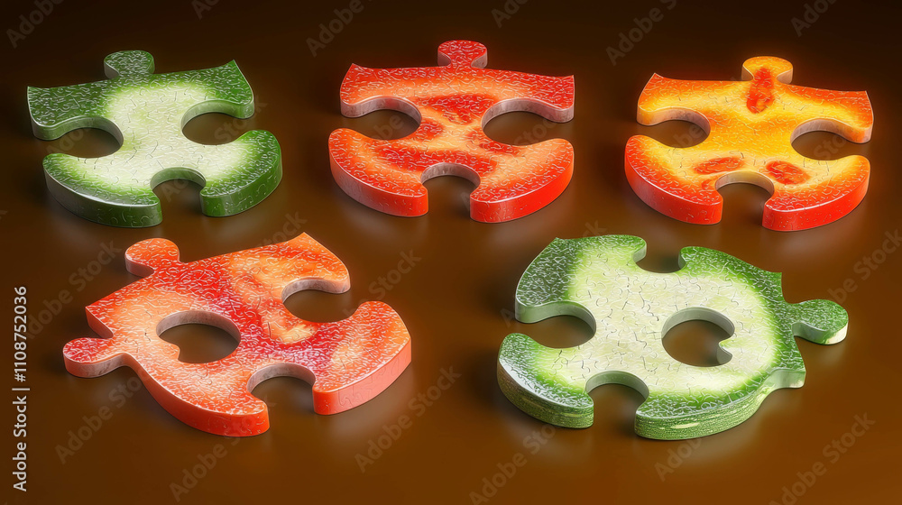 Poster a group of jigsaw puzzle pieces with different colors and shapes. concept of creativity and fun, as 