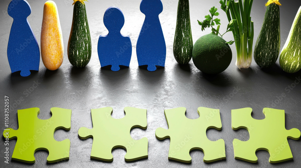 Poster a puzzle with pieces of green and blue with vegetables on top. the puzzle is made up of four pieces 
