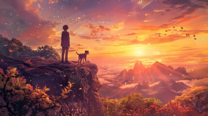 A boy and a dog stand on a cliff, overlooking a scenic sunset with floating leaves and a vast landscape of mountains and clouds