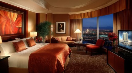 Luxury city hotel suite with custom art, sleek modern furniture, view of skyline,