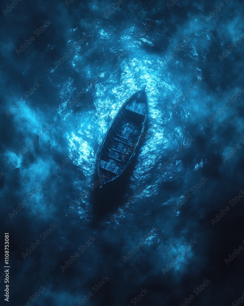 Poster aerial view of an isolation dark blue boat floating on serene water reflecting soft glimmers of ligh
