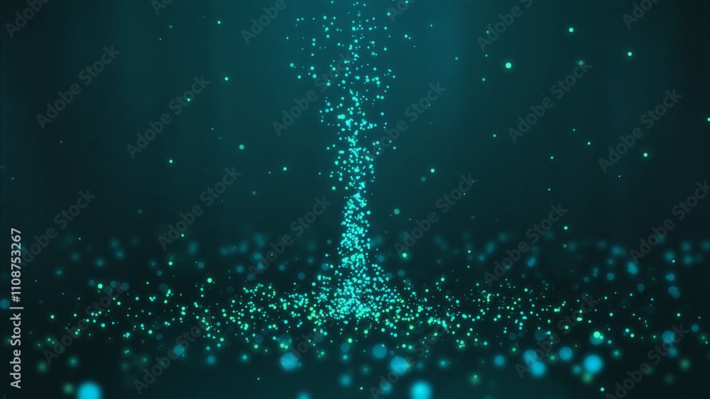 Poster blue tornado at the center of many particles twirling on the ground and flying in the air with light