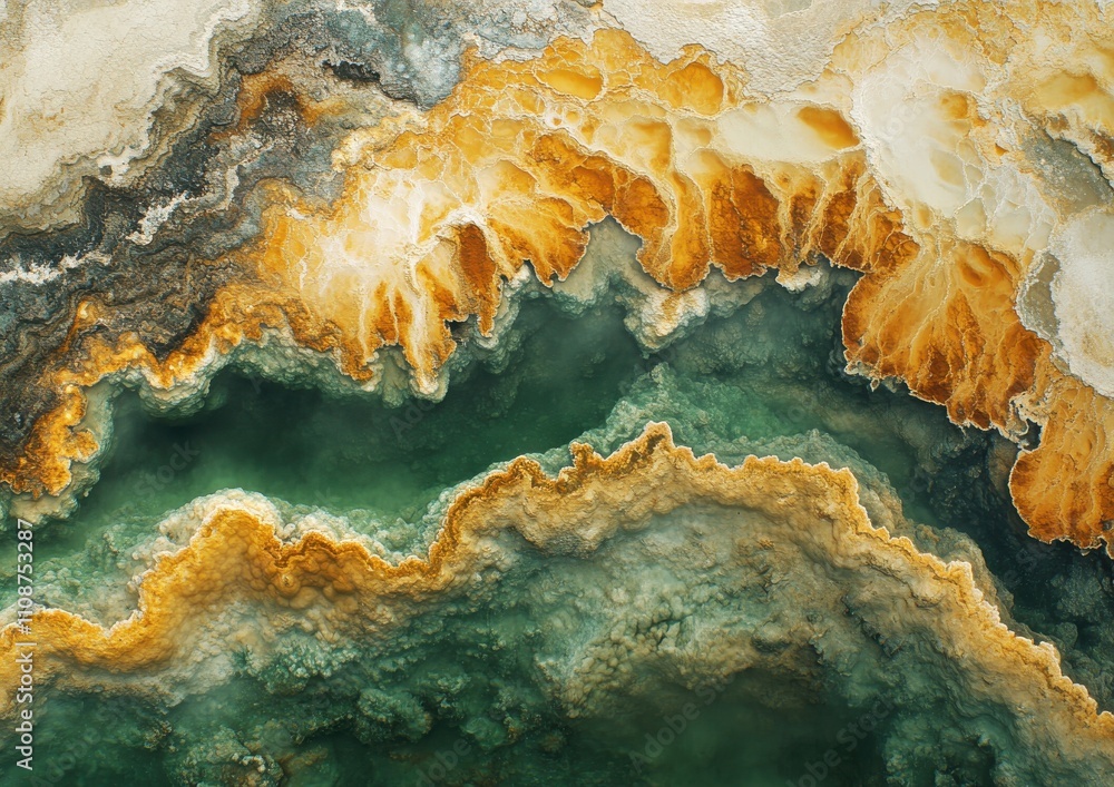 Poster aerial view of colorful mineral deposits creating stunning patterns in a natural landscape reflectin