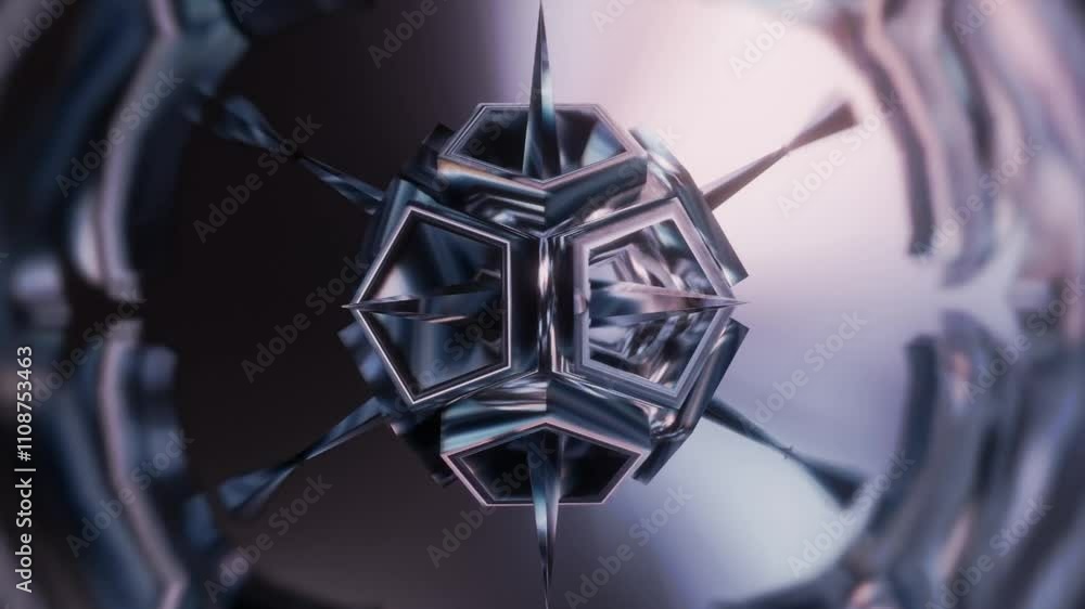 Wall mural abstract background 3d animation shiny glass and metal reflective objects movement rotation play of 
