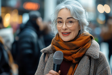 Woman in glasses and scarf confidently holding a microphone, speaking on stage in front of a diverse audience with attentive expressions.