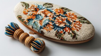 Fototapeta premium A needlepoint project beside a neck massager, representing crafting and neck relaxation, isolated on white background