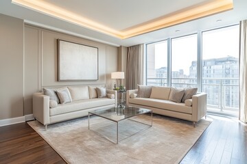 Fototapeta premium Elegant living room with neutral tones, large windows, and city view. Perfect for showcasing luxury real estate, interior design, or modern living.