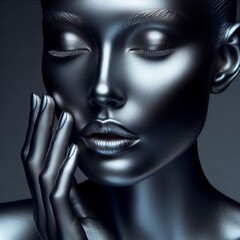 5 Metallic Skin A close up of a woman's face with skin that shim