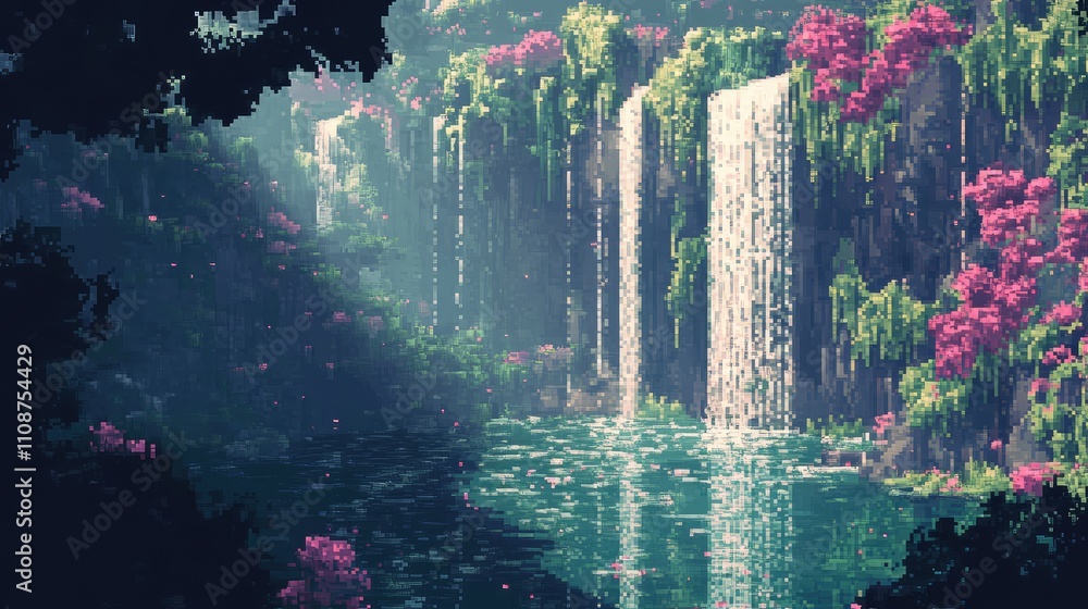 Poster pixel blocks arranged in a cascading waterfall design, with glitching and distorted edges for a dyna