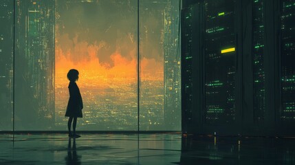 Silhouette of Operator in Glowing Server Room
