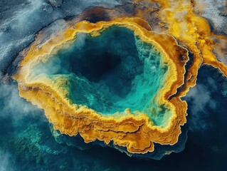 Obraz premium Aerial View of Stunning Colorful Hot Spring with Vibrant Blue and Fiery Orange Sediments in National Park, Nature's Breathtaking Geothermal Feature