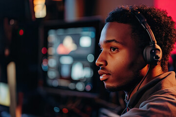 TV host wearing an earpiece while preparing to go live