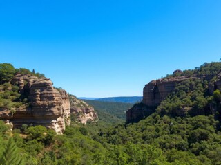 Spectacular sedimentary rock formation surrounded by lush forest under a vibrant blue sky in Chapada Diamantina Bahia State Brazil, travel, formation