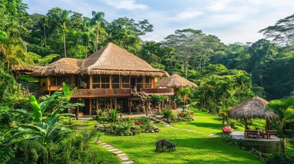 Fototapeta premium Luxury jungle lodge, open-air structure, surrounded by greenery, exotic wildlife, 