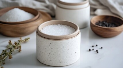 Ceramic Salt Container With White Salt And Peppercorns