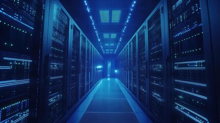 Fototapeta premium Shot of Corridor in Working Data Center Full of Rack Servers and Supercomputers with Internet connection Visualization Projection, technology, digital, futuristic, future,