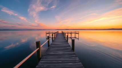 Obraz premium wooden pier extending calm waters soft sunset serene surface warm sky hues, tranquil, reflection