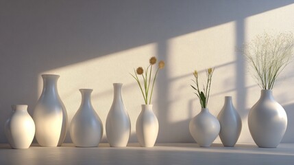 High-end ceramic vases of varying shapes, on a sleek, polished surface, ambient light 