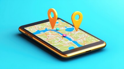 Smartphone with map, 3D Map pins, GPS, navigator pin checking points, 3D World Map icon, technology and application mobile smart phone with mobile, delivery tracking, transportation, generate by AI.