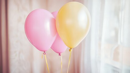 Pink and yellow balloons decorate the birthday party with fun and colorful air