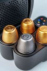 Coffee capsule holder with gold and silver coffee pods ready for brewing in a modern kitchen setting