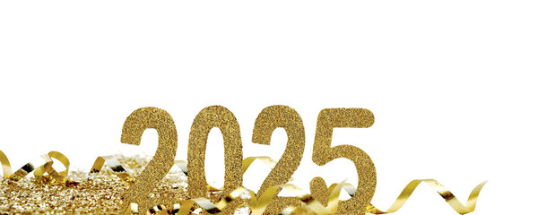 year 2025 golden numbers in ribbon and glitters  on white background