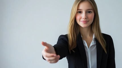 Fototapeta premium Confident professional woman in a suit points directly at the viewer, engaging and assertive