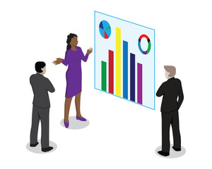 vector design cartoon illustration of a woman and two men looking at graphics of economic traffic and sales of a business within a company