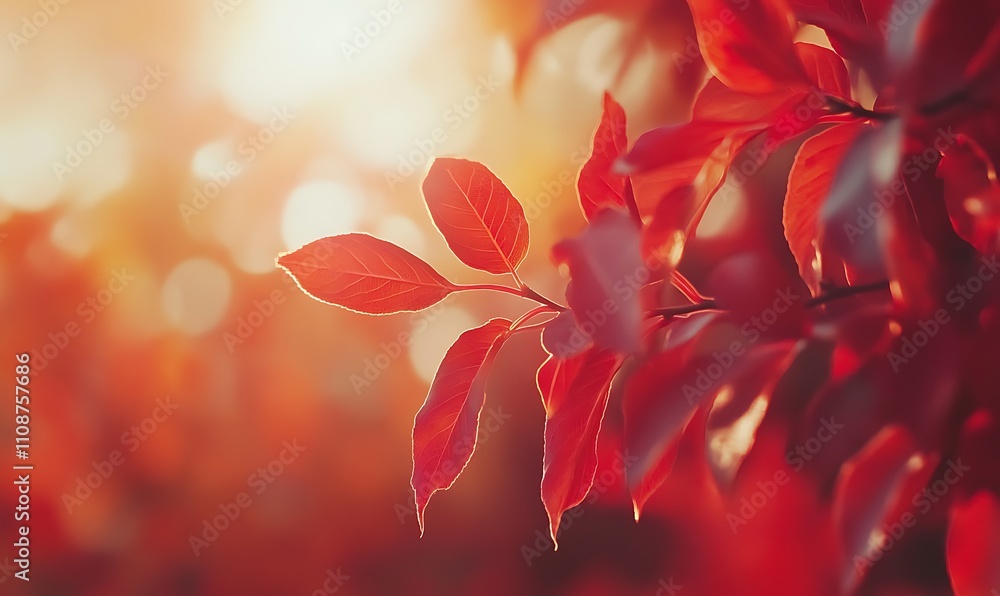 Aufkleber a close-up of vibrant red leaves illuminated by soft sunlight, creating a warm, serene atmosphere.