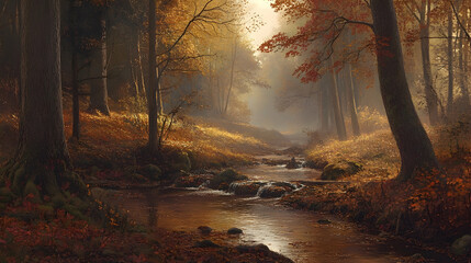 Fototapeta premium Serene autumnal forest scene with a stream flowing through colorful foliage and mist.