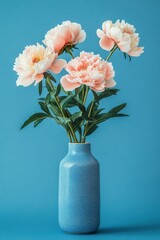 Obraz premium Beautiful arrangement of soft pink peonies in a textured blue vase against a vibrant blue background, ideal for showcasing nature's beauty in home decor.