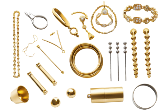 Collection of assorted gold jewelry pieces featuring rings, chains, and earrings on a white background