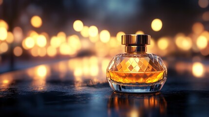 Elegant Perfume Bottle Golden Liquid Amber Light