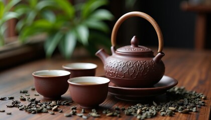 Fototapeta premium Traditional Teapot and Cups Background, Elegant Chinese Teapot with Matching Cups on Lacquered Table, Surrounded by Tea Leaves, Cultural and Refined