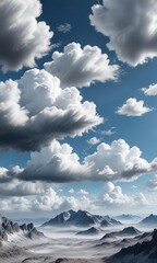 Fototapeta premium A range of cloud types in shades of grey and white suspended above a blue landscape, layered, grey