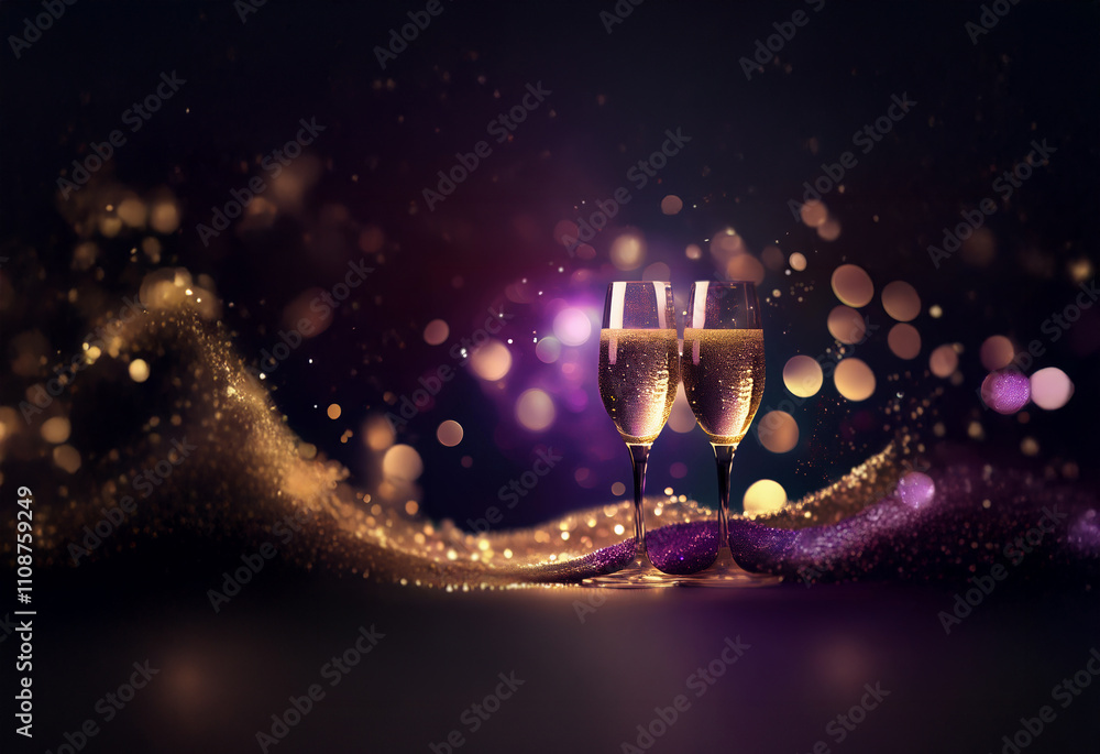 Poster two champagne flutes filled to the brim, sparkling against a backdrop of shimmering fabric and bokeh