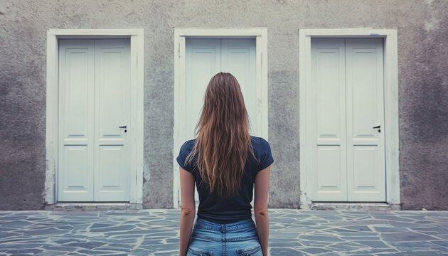 a girl standing in front of three white doors - concept for the fear of an uncertain choice