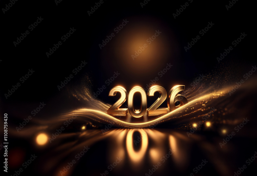 Poster Gleaming gold 2026 numerals rest on a dark, shimmering wave of light.  A luxurious and celebratory image perfect for New Year's greetings.