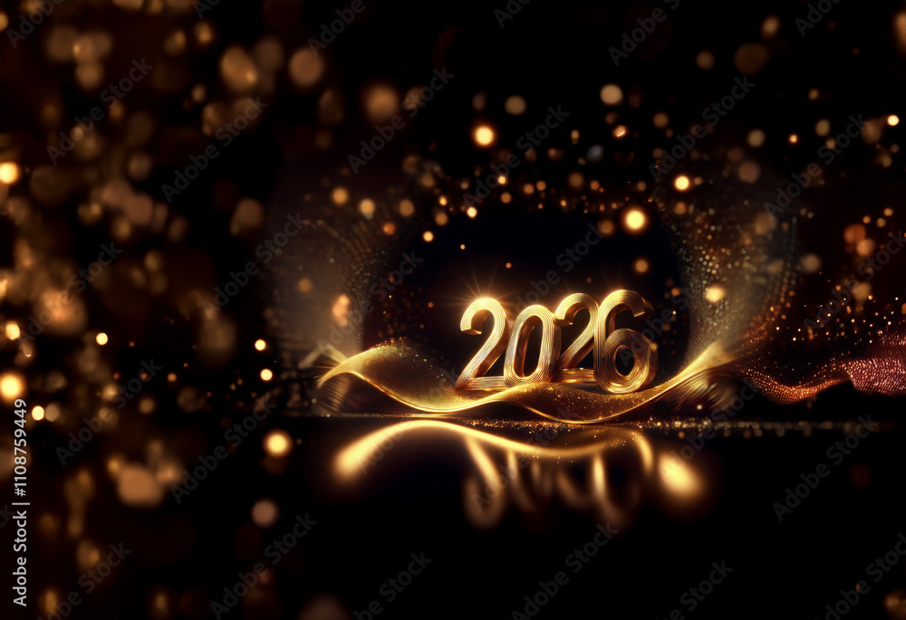 Poster glimmering gold 2026 digits rest on a shimmering, dark surface. golden waves and bokeh lights add to