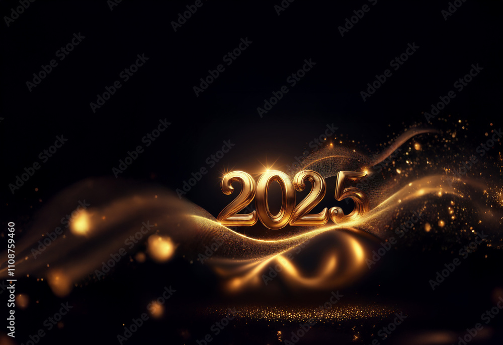 Poster glowing gold 2025 digits rest on shimmering, dark waves. sparkling particles accentuate the luxuriou