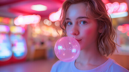 Naklejka premium Young Woman Blowing Bubblegum in Neon Arcade