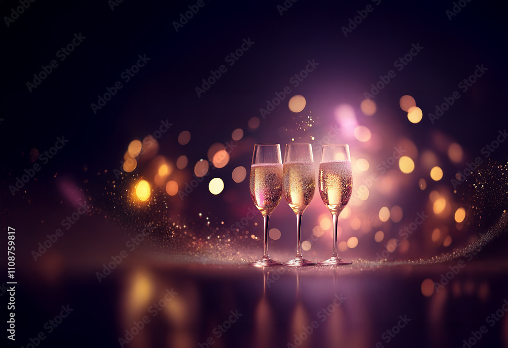 Poster three champagne flutes filled to the brim, sparkle against a bokeh background of warm, celebratory l