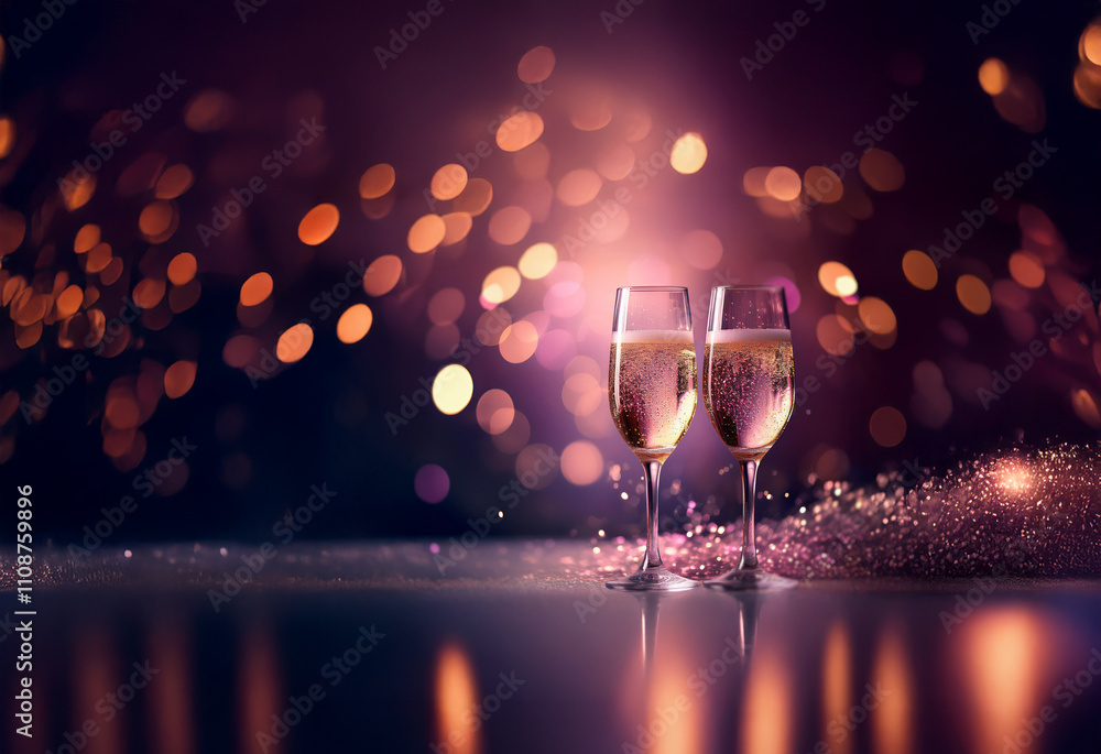 Poster two champagne flutes filled to the brim, sparkle and fizz against a bokeh background of purple and p