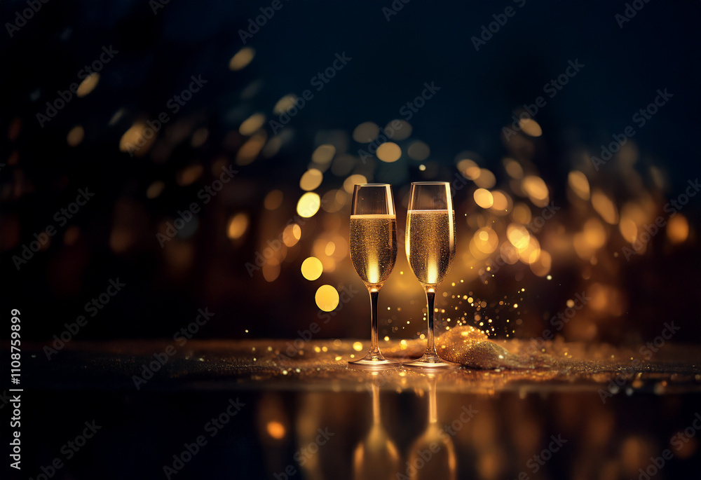 Poster two champagne flutes filled to the brim, sparkle against a bokeh backdrop of warm gold lights and gl