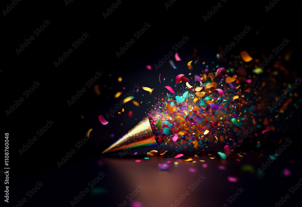 Poster a burst of colorful confetti explodes from a metallic party horn, celebrating a joyous occasion. the