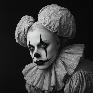 black and white portrait of a pierrot character